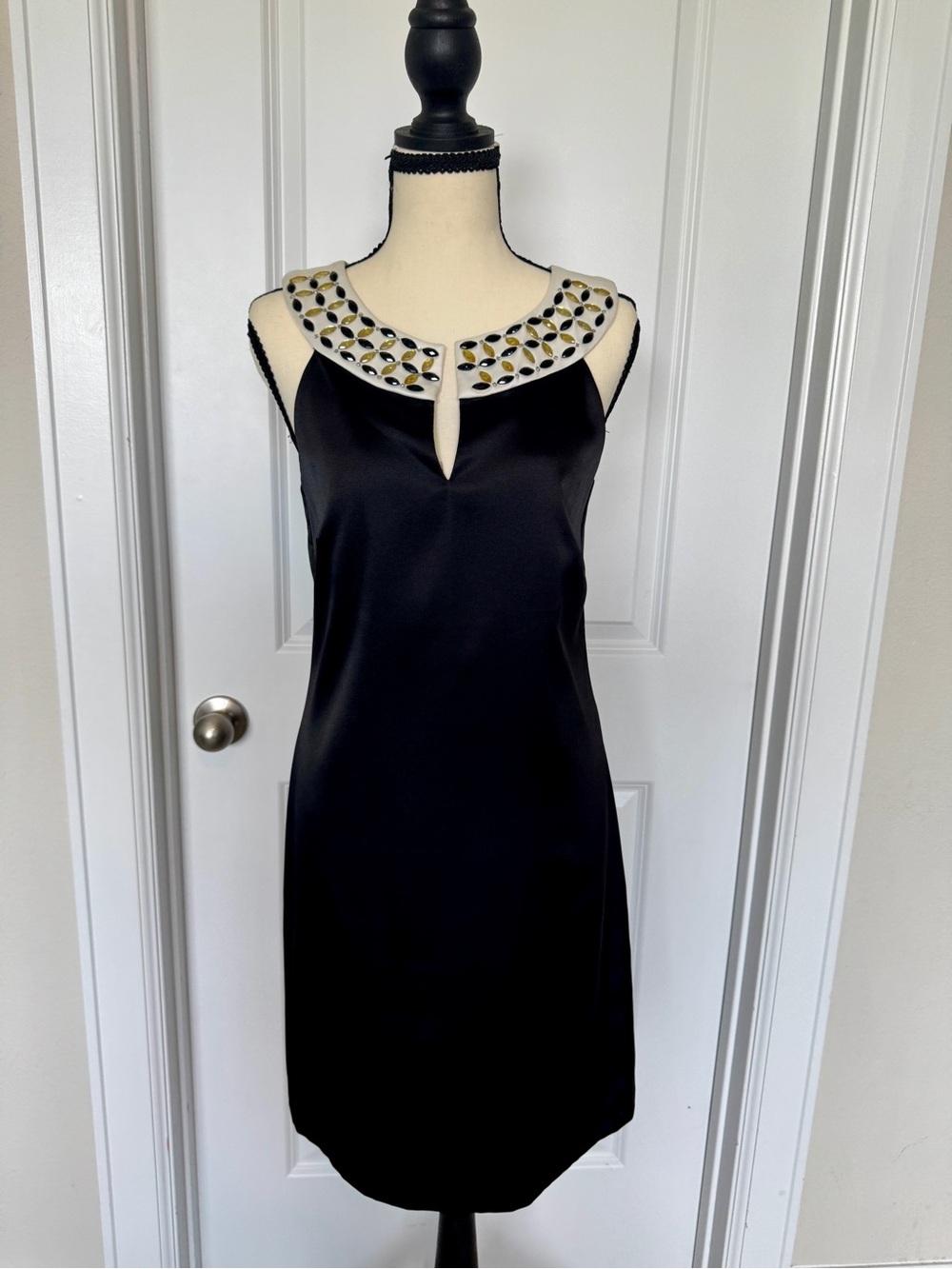 AGB Black Sleeveless Dress with Rhinestone Embellished Ivory Collar